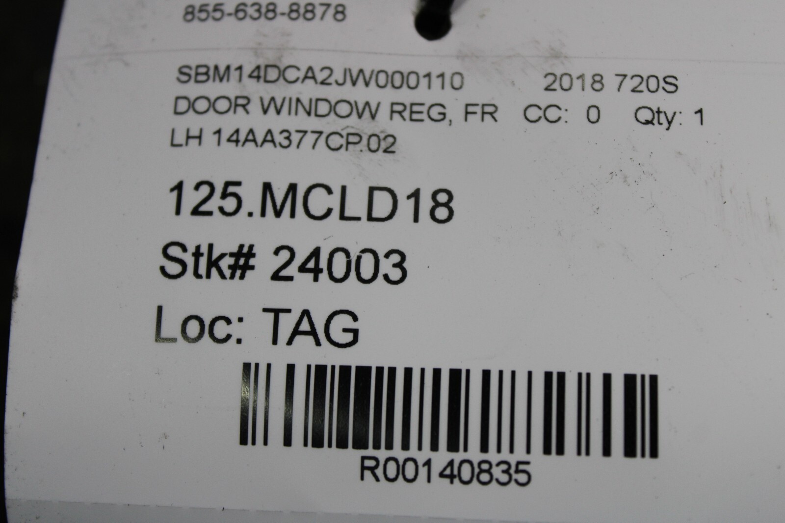 McLaren 720s, LH, Left, Front Door Window Regulator, Used, P/N 14AA377CP