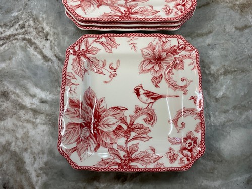 Square Salad Plates CHRISTMAS LANE Red 222 Fifth Set Of 4 Porcelain 8.5 Inch New - Picture 15 of 22