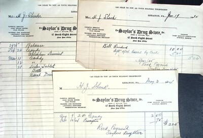 Vintage 1934-1935 Saylor's Drug Store Receipts - Lebanon, PA H.J. Shenk Account