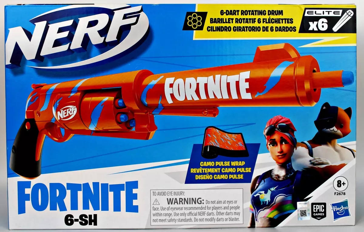 Nerf Fortnite 6-SH Blaster-Camo Pulse Wrap, Hammer Action Priming, Drum, 6  Elite Darts