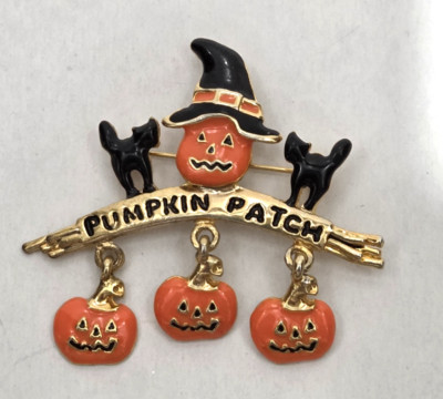 Halloween Pumpkin Patch Jack O' Lantern Gold Tone Orange and Black Brooch Pin