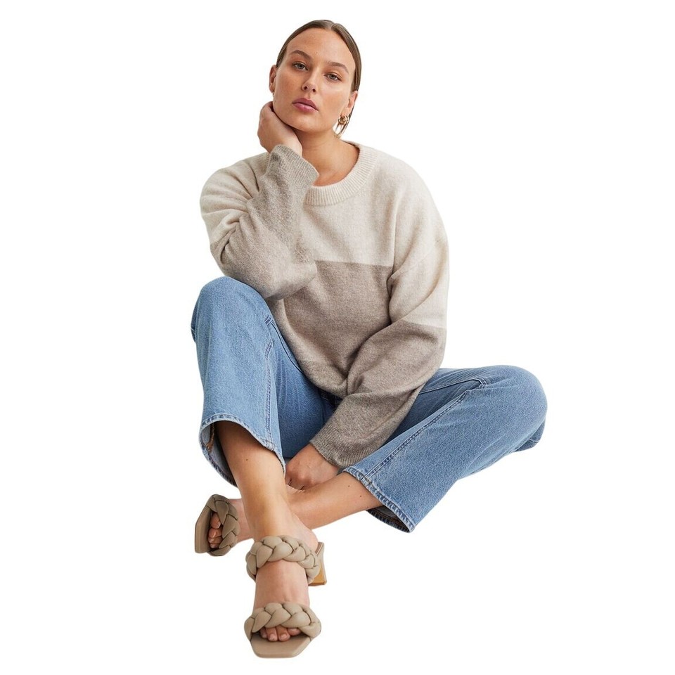 H&M Womens Sweater SZ L Beige Melange Wool Blend Color Block Boyfriend