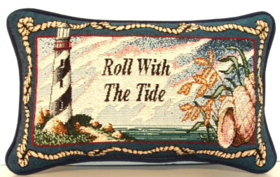 Words ''Roll With The Tide'', Black & White Lighthouse  Small Tapestry Pillow New