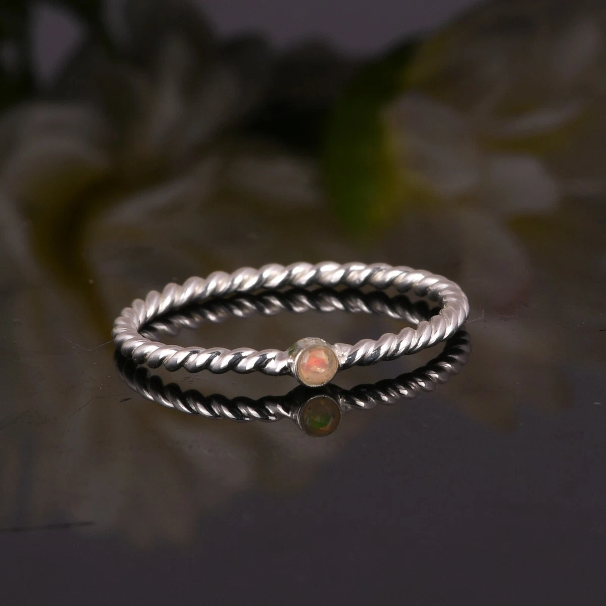 Sterling Silver Twisted Band Opal Ring October Birthstone Stackable Thin Ring