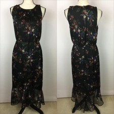Vince Camuto Midi Dress Sz 4 Womans Black Floral Sleeveless Ruffle Elastic Waist
