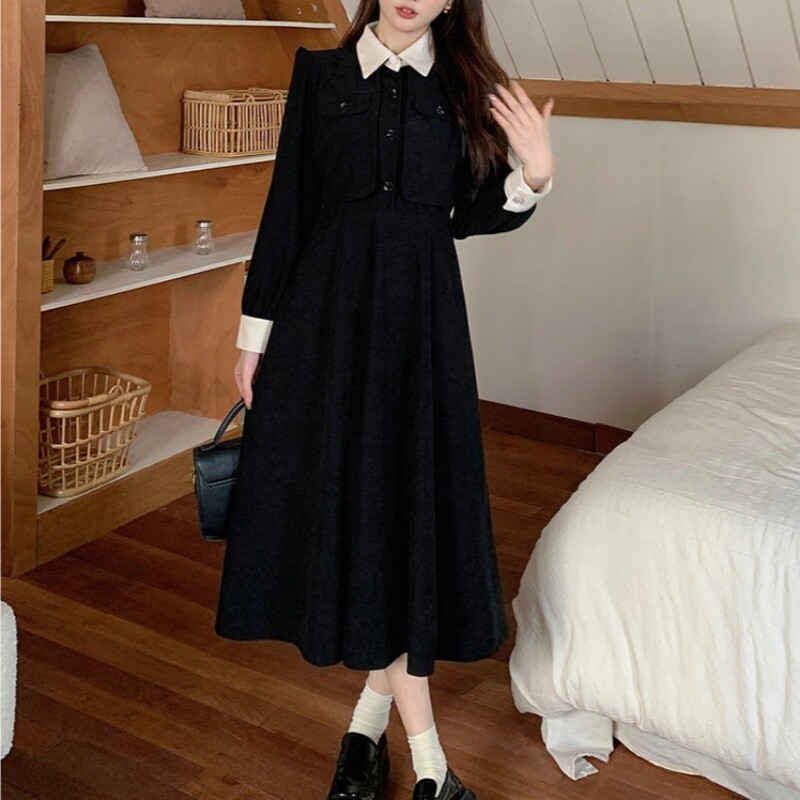 Womens Elegant Fake Two Piece Long Sleeves High Waist Slim