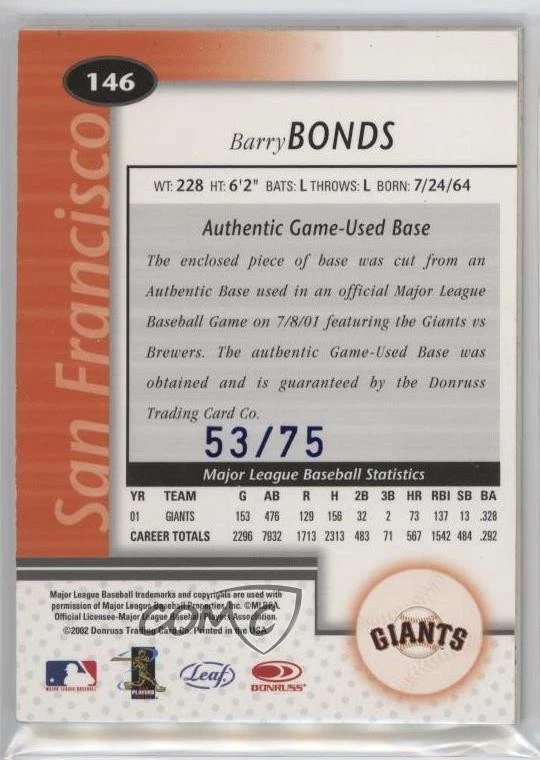 2002 Leaf Certified Mirror Blue Materials /75 Barry Bonds #146 - Image 2 of 2