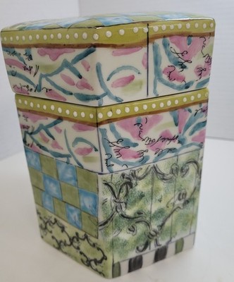John Derian Art Deco Hexagon Ceramic Canister w/Lid 7'' Tall Hand Painted