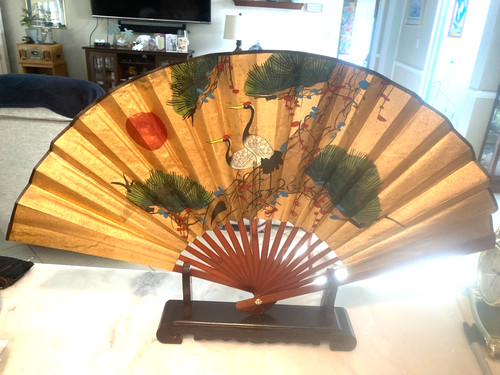 Japanese 28" Folding Hand Fan Painted Cranes With Stand