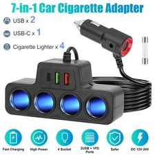 7-in-1 4Way Car Cigarette Lighter Socket Splitter Fast Charger Power Adapter 12V
