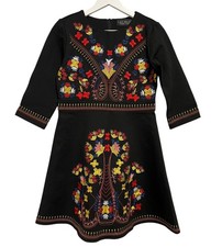 Lai Meng Five Cats Dress Womens Medium Black Embroidered Floral Fit Flare Boho