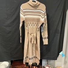 Allison Brittney Sweater Dress L Tan Brown Fair Isle Turtleneck Belted Midi