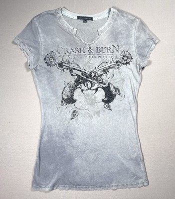 Crash And Burn Crossed Guns Embellished Graphic Acid Gray Top - Women Size Large