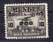 ECUADOR, 1930 MENDEZ BOGOTA overprint in black on the 10 Sucres black  top value