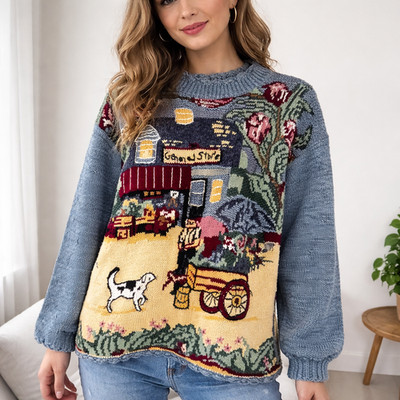 Vintage Climax Ramie Cotton Blend ''General Store'' Motif Sweater L