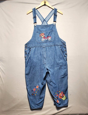 VTG Y2K Agapo Denim Overalls Embroidered Bike Flowers Womens Large Cottagecore