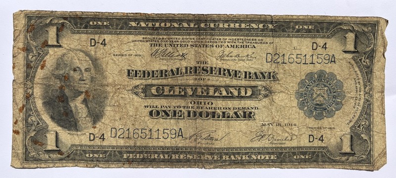 1918 Federal Reserve Bank Note $1 One Dollar (Large Note) Cleveland - No Reserve