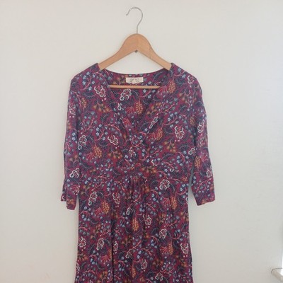 Seasalt 14 midi Dress burgundy floral 3/4 Sleeved 100% Cotton v neck size 14 new