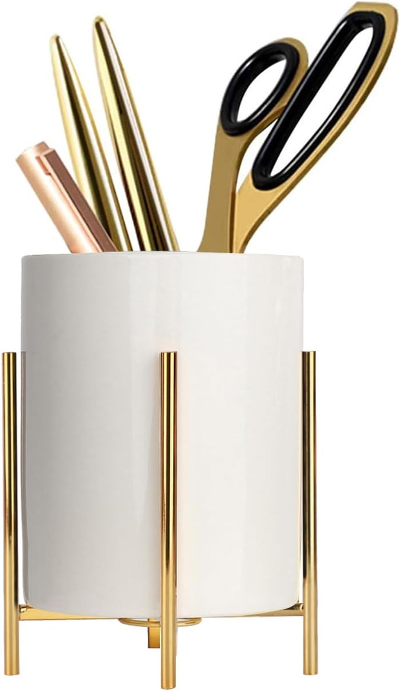 Gold Pencil Cup Sturdy Metal Frame Desk Organizer with White Ceramic Holder, Ele