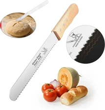 Coarse Serrated Bread Knife, Sharp Wavy Edge Stainless Steel Slicer with Wooden 