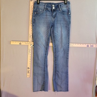WallFlower Luscious Curvy Bootcut Jeans Blue Denim Rhinestone Raw Hem Size 3