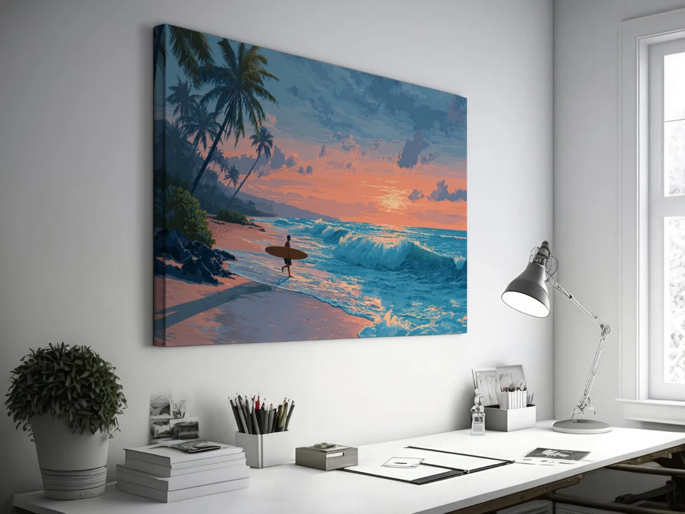 Tropical Surfer Beach Sunset Painting, Ocean Waves Canvas Print Coastal Seascape - image 2 of 4