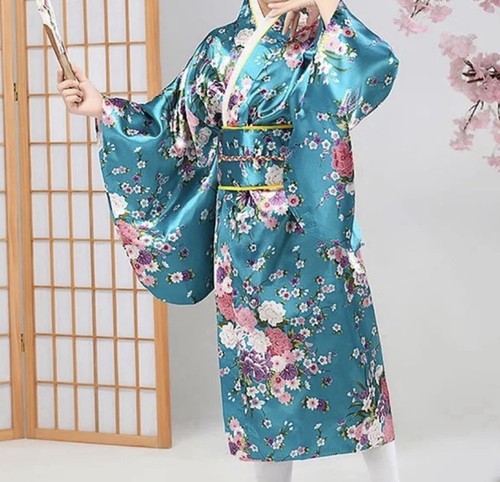 Children Toddler Blue Floral Kimono w/ Obi Belt & Pink Floral Hair Comb 3T/4T