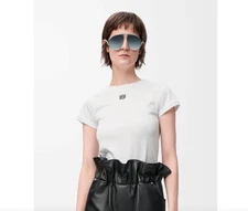 NWT LOEWE White Cotton Blend/Black Embroidered Anagram Cap Sleeve T-Shirt XS