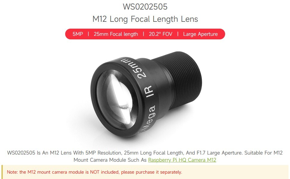 Waveshare M12 Lens – 5MP – 25mm Brandpuntsafstand – F1.7 Groot Diafragma – Compatibel Met Raspberry Pi Camera M12 – Metalen Behuizing