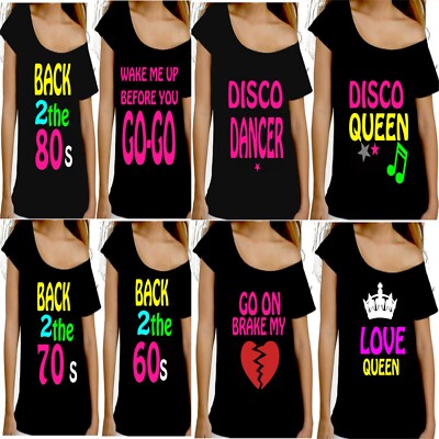  Off the Shoulder schwarzes T-Shirt Kostüm Henne Party Retro UK Größe xs bis 5x
