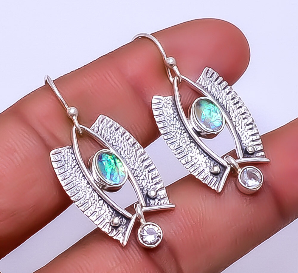 Exquisite Triplet Opal and White Topaz 925 Sterling Silver Earrings 1.56 Inch E14