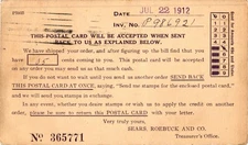Sears Roebuck and Co. Refund to Customer Postcard 1912