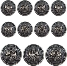 11 Piece Antiqued Black Silver Metal Blazer Button Set - Crown - for Blazer, Sui
