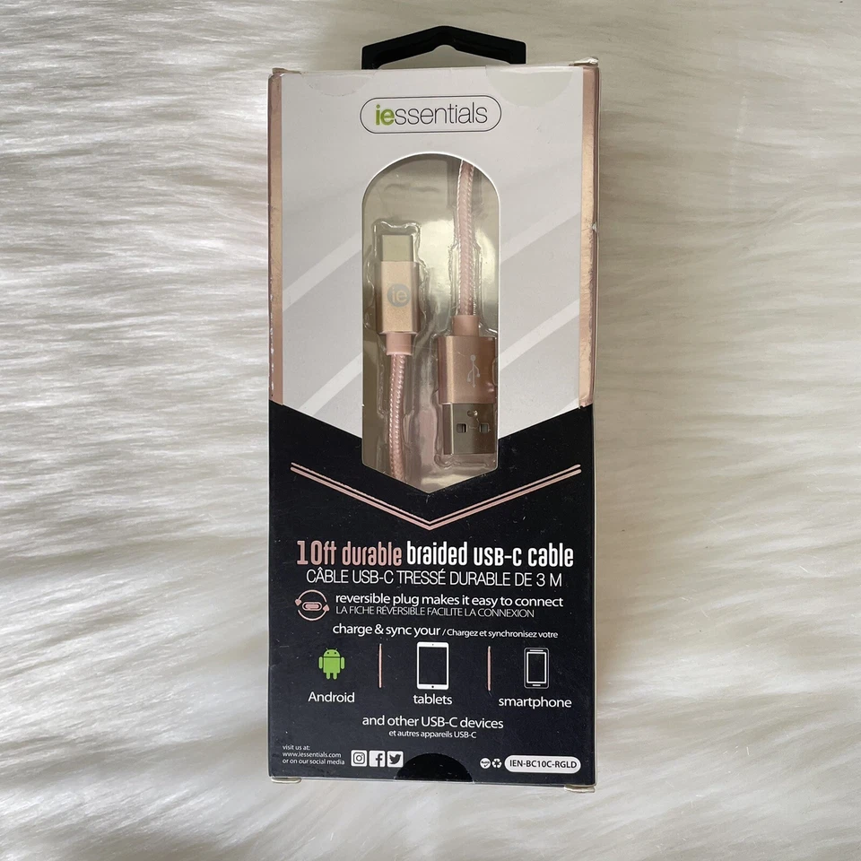 Usb-C Braided Cable Cord - Essentials 10 FT Rose Gold NEW - Image 2 of 4