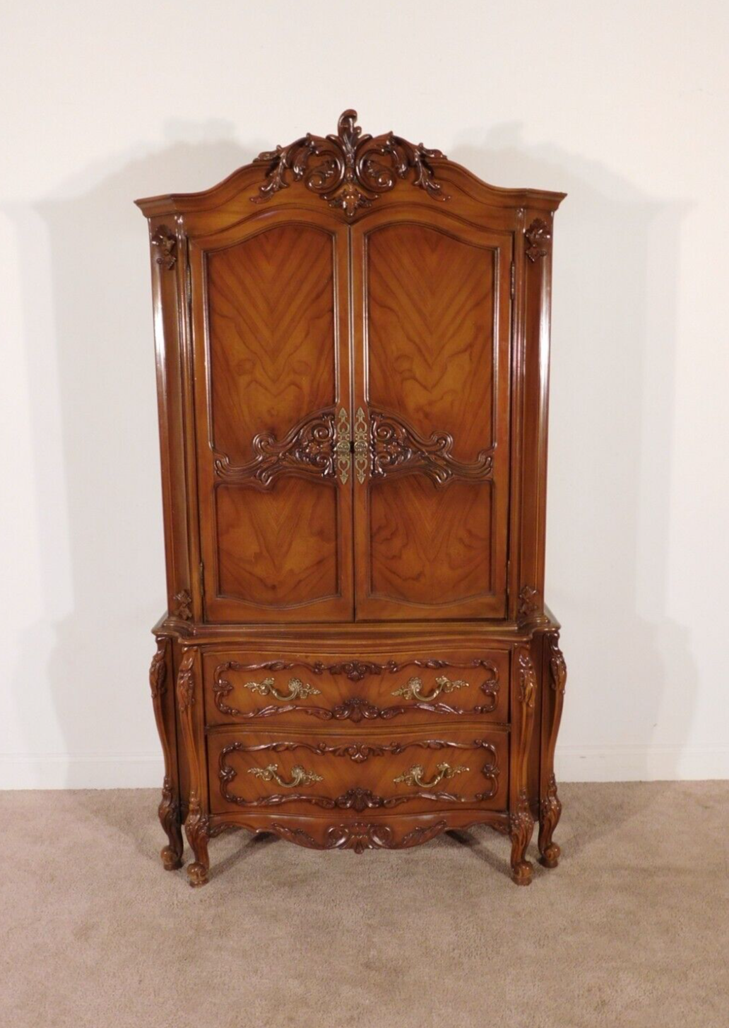 White Furniture 1970s French Walnut Louis XV Style 6 Legged Armoire Linen Press