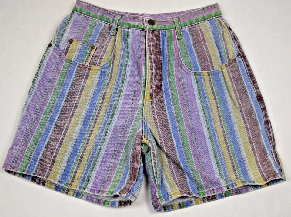 Pantalones Cortos Denim Vintage Hechos a la Sombra Talla S/M Años 80 Morado Verde Granate Rayas Foto 3 de 4