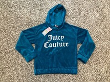 Juicy Couture Kids Velvet Hoodie Girls Medium 8-10 Blue Spellout Logo Velour Tag