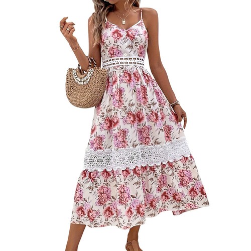 Damen V-Neck Trägerkleid Blumen A-Linie Urlaub Sommerkleid Strand Freizeitkleid+ - Bild 12 von 25