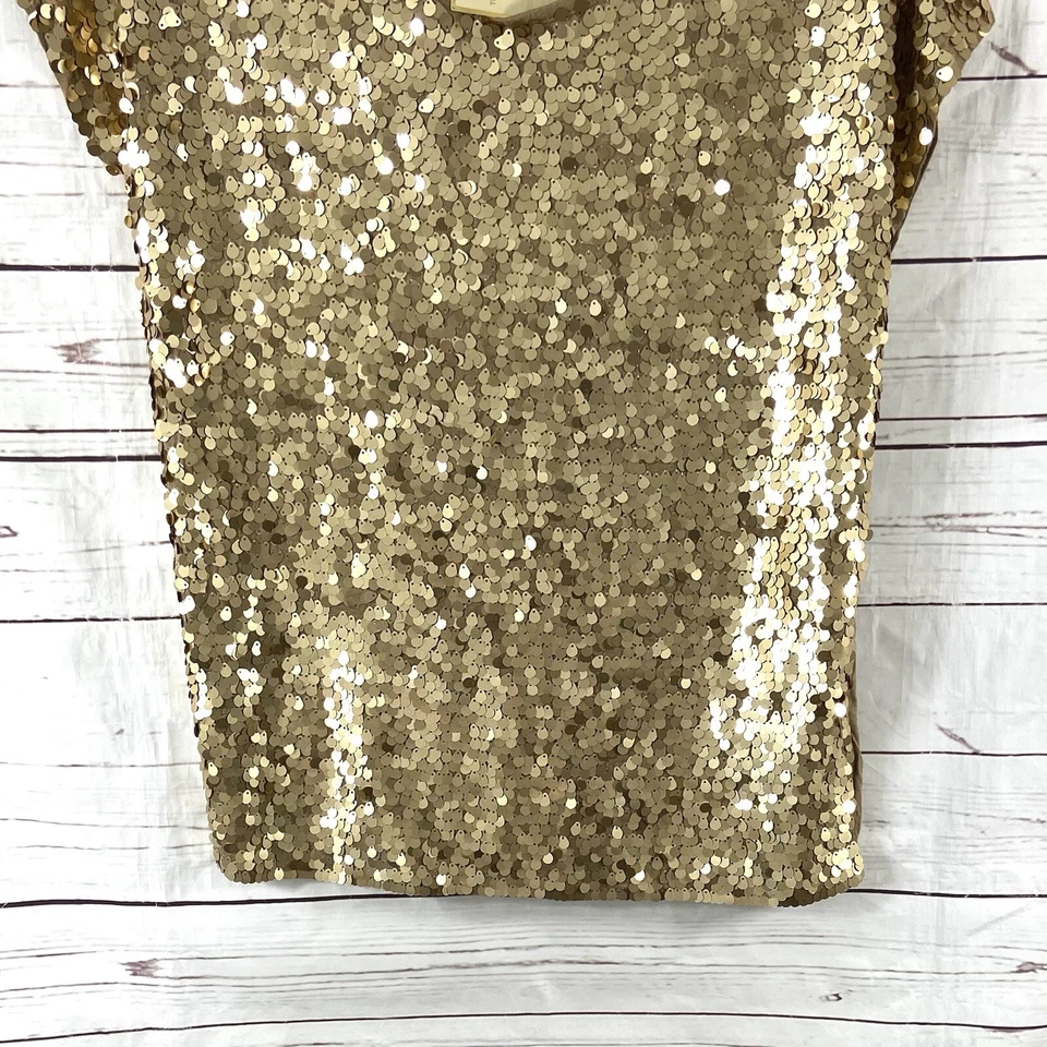 Michael Kors Top Women’s Medium Gold/Dark Camel Sequin Short Sleeves - Image 3 of 4