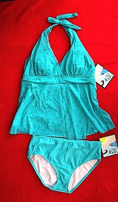 Mazu Swim Tankini Set Halter Style 12,14, or 16 Aqua with Red Dots 