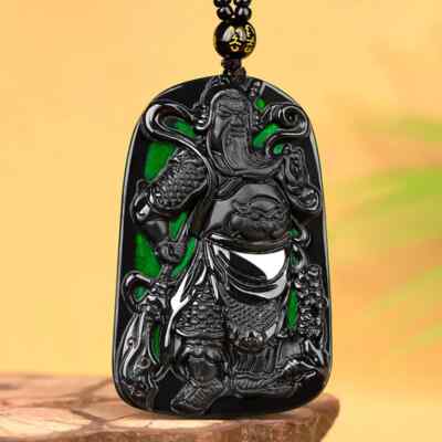 Grade A Natural Black Green Jade Jadeite Pendant Carved GuanGong Warrior Sword
