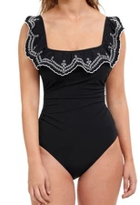 Profile by Gottex Lola Square Neck Ruffle Trim One Piece , Black US 8, $154