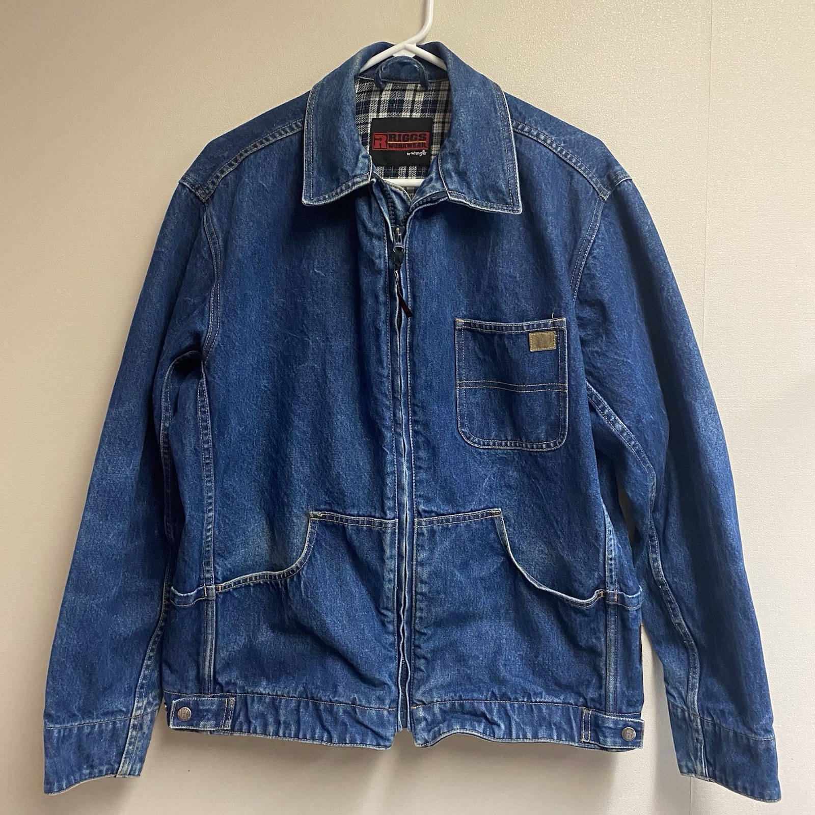 Vtg WRANGLER RIGGS Workwear Flannel Lined Denim Full Zip Coat Jacket Mens M