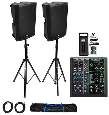 (2) Mackie Thump15 V4 15  1400w Powered DJ PA Speakers+Mixer+Stands+Microphone