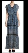ELIE TAHARI  Sanna Maxi Dress Gown Blue Floral Black Trim 