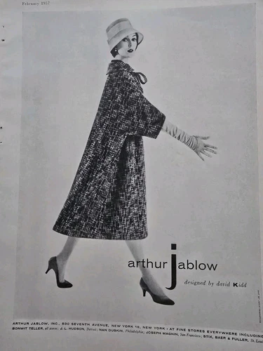 VETEMENTS Cappotto donna Arthur Jablow 1957 disegnato da David Kidd pubblicità moda vintage