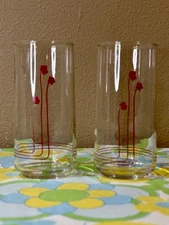 Vintage Crisa Clearly Libbey Red Floral Tall Glass Tumblers Set of 2 – 6”
