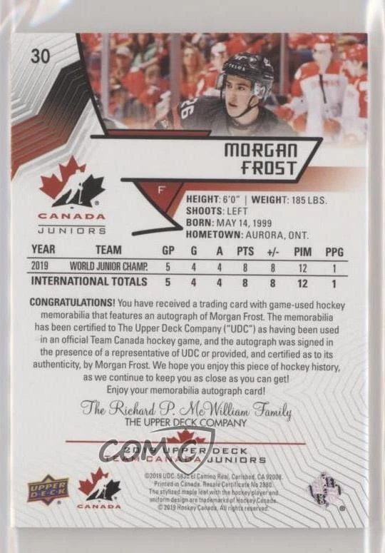 2019 Team Canada Juniors Premium Swatch /125 Morgan Frost #30 Rookie Auto RC - Image 2 of 2