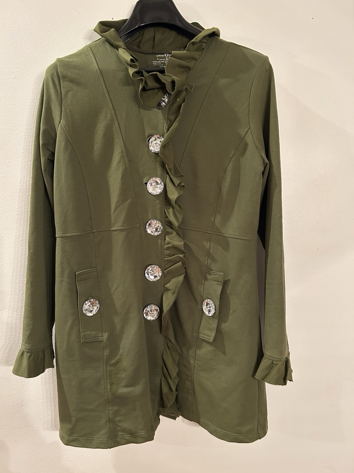 White Lotus by Neon Buddha Women’s Army-Green Ruffle Jewel Buttons Small Jacket