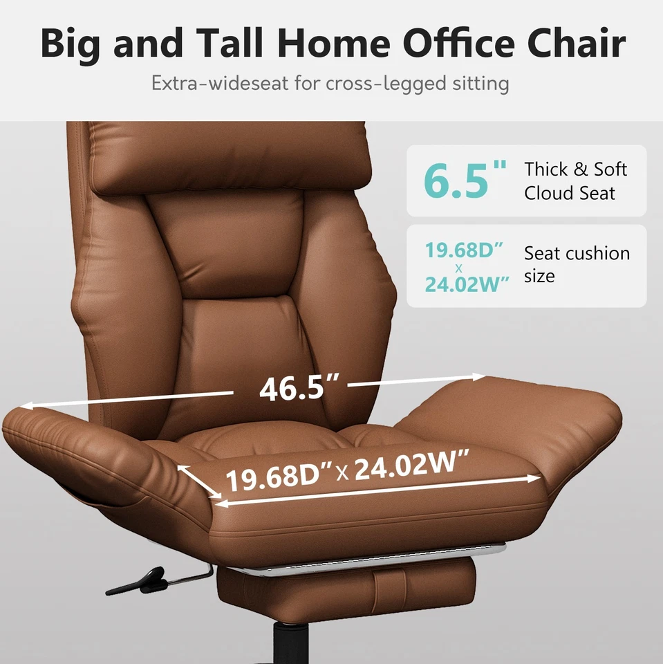 Silla de oficina reclinable de cuero con respaldo alto 500 lb silla de asiento ancho con patas cruzadas Foto 4 de 4
